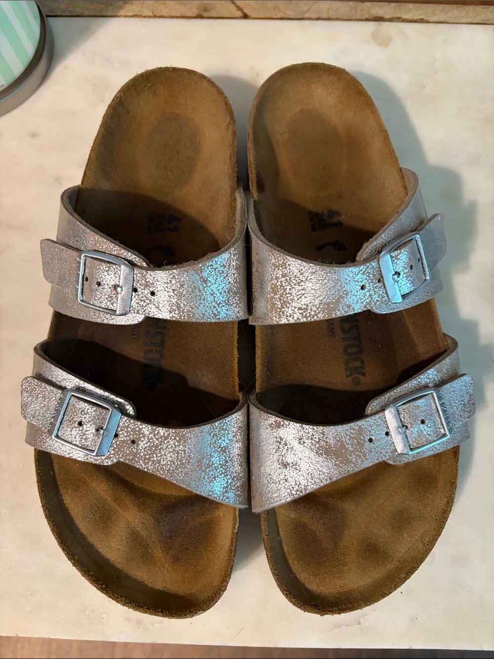 Sydney Birkenstock Women’s Metallic Silver Two-Strap Buckle Sandals